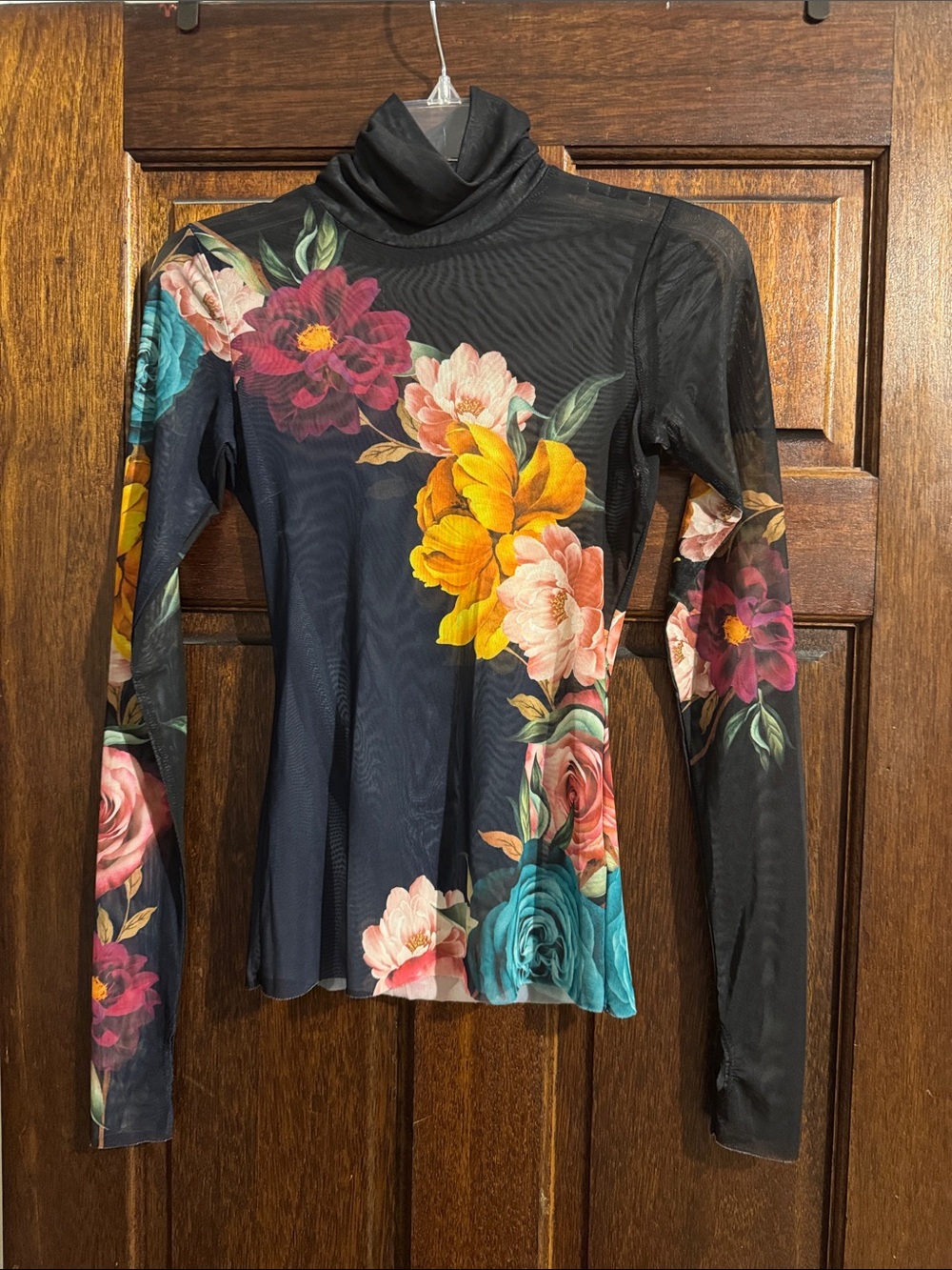 AFRM Sheer Black Mock Neck Long-Sleeve Top with Multi Floral Print